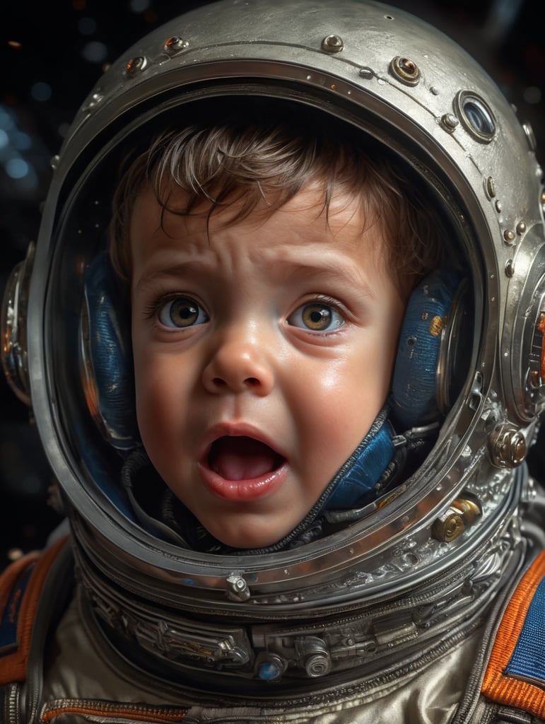 a child in a space suit with a surprised look on his face