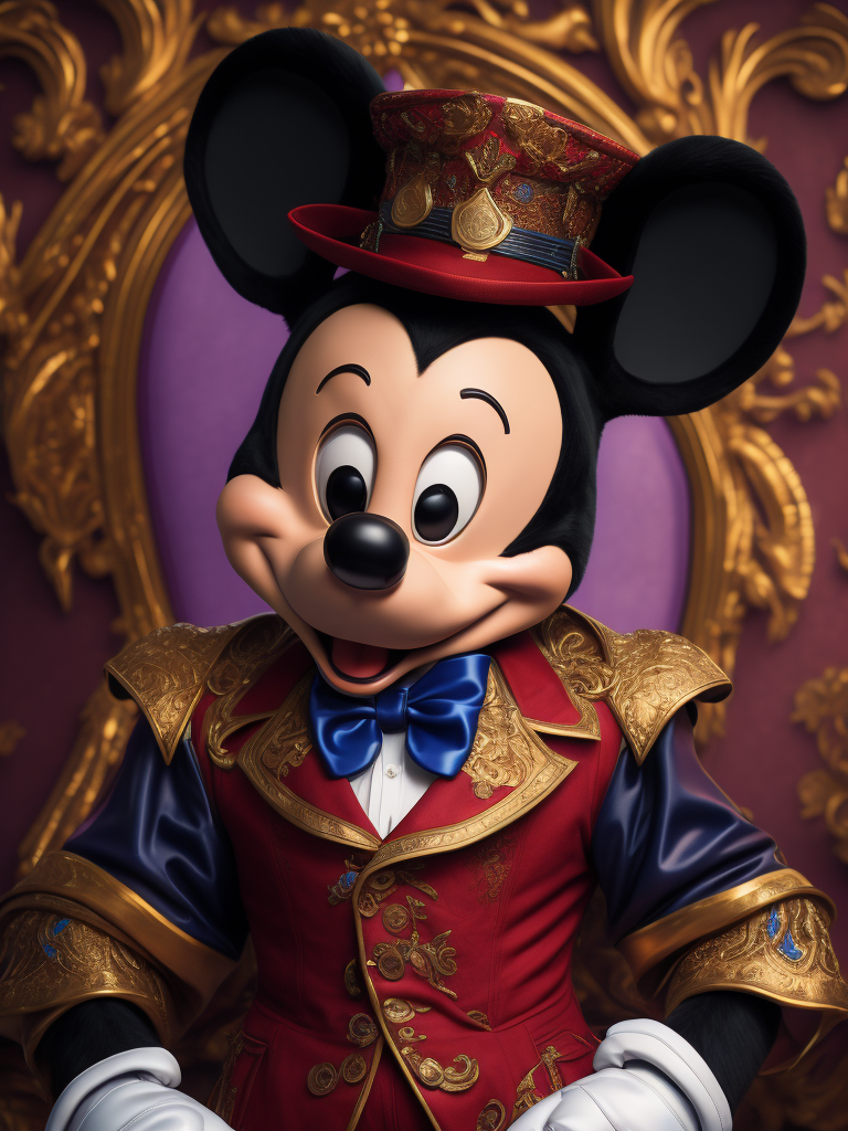 Portrait of Mickey Mouse in rococo dress. psychedelic, trippy, extremely detailed vibrant, cinematic lights, hyper realistic, hyper detailed, Sony Alpha α7, photorealistic