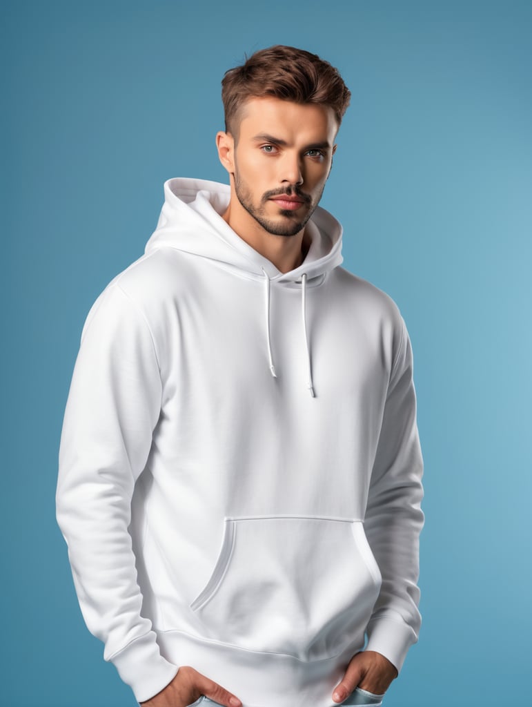 photography of a man wearing blank white hoodie, isolated, blue background, style of James Bidgood, mockup, mock up