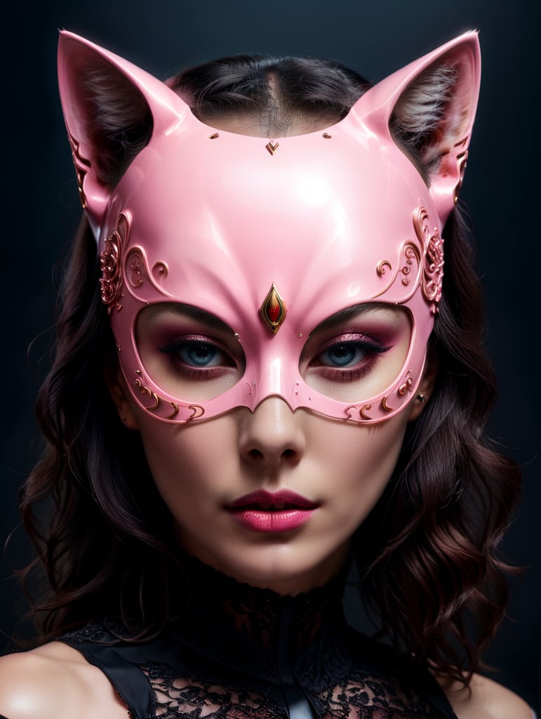 Close up portrait photography, of a gorgeous lady, wearing a pink cat woman mask, 80 degree view, art by sergio lopez, natalie shau, james jean and salvador dali