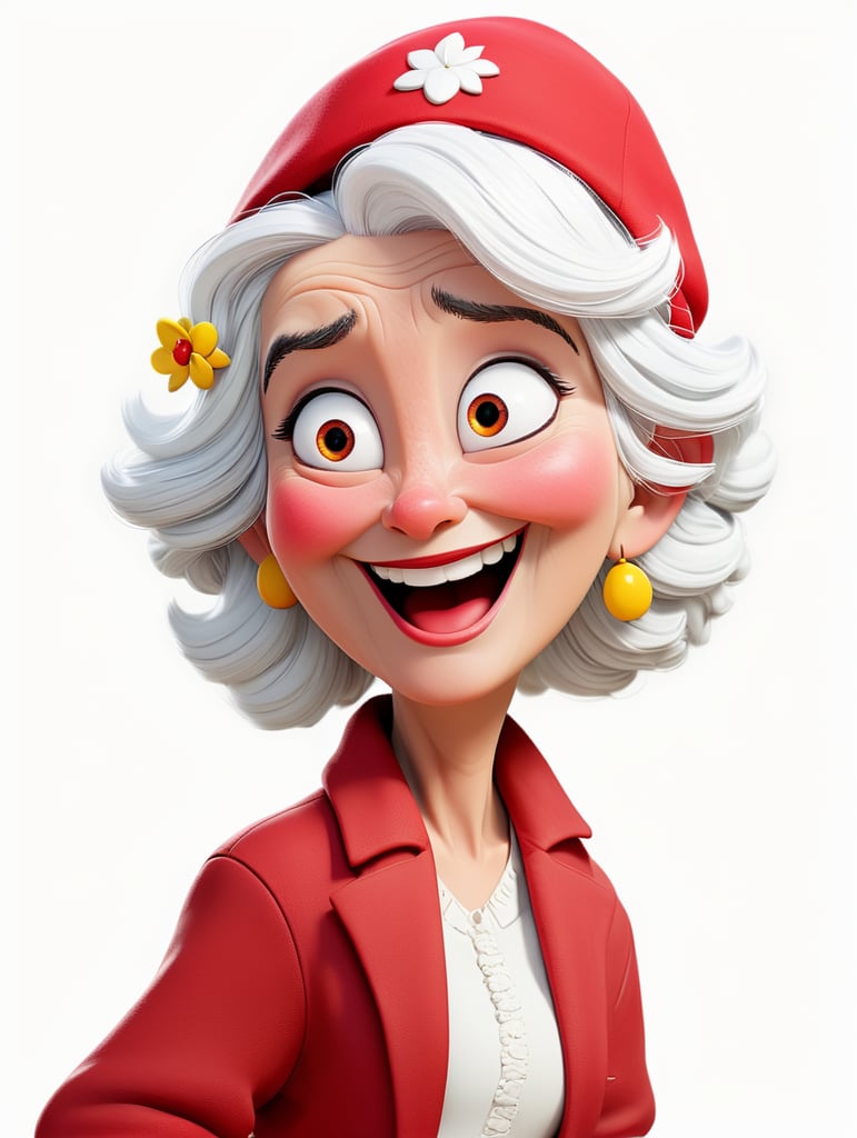 a happy young women with white hair and red hat on his head is wearing a white lacket, isolated, white background