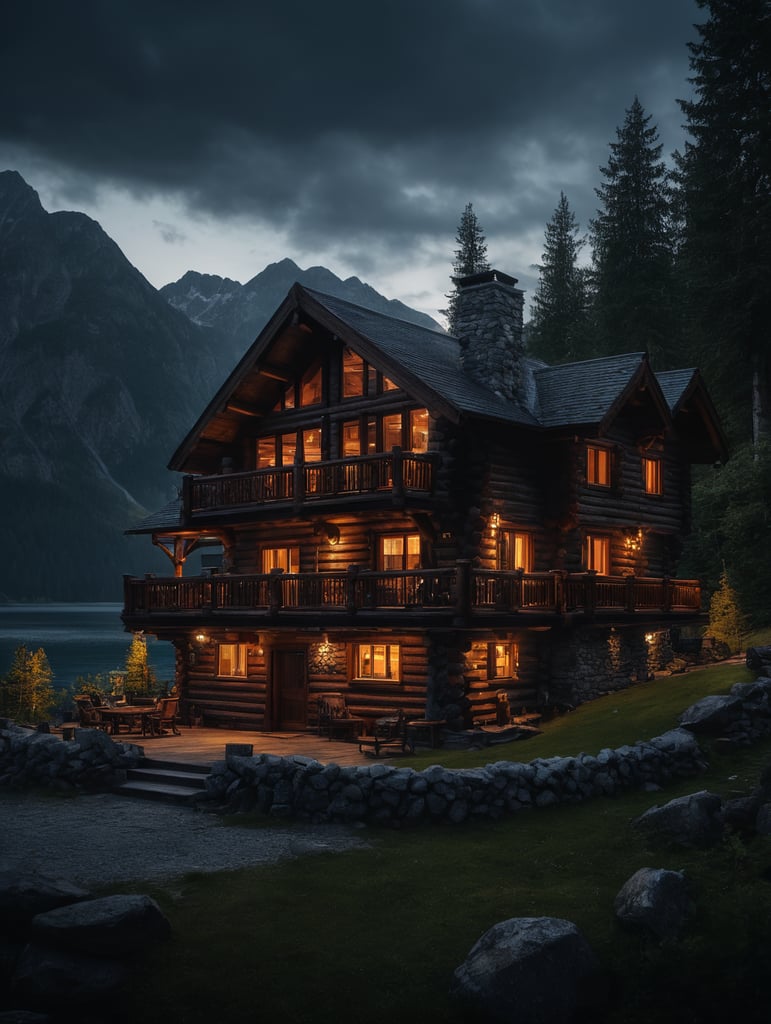 Professional evening photo of a small and cozy Log mountain house, mountains, lake, forest