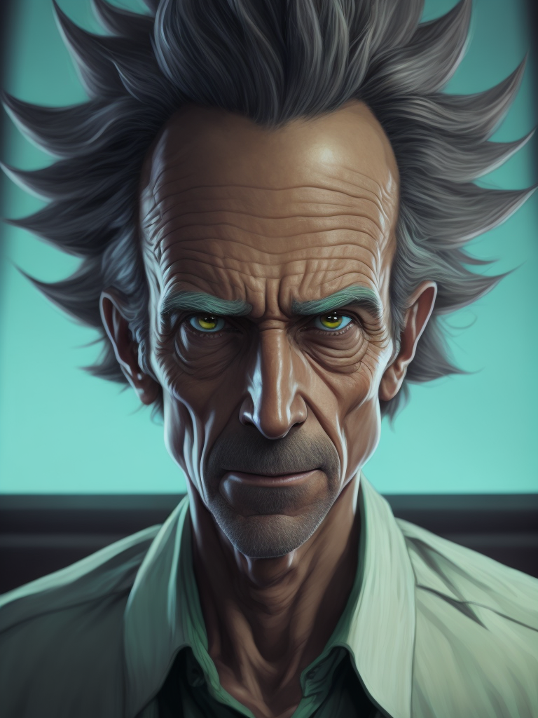 Dibujo de Rick Sanchez, al estilo de Rick and Morty, caracterizado como operador de bolsa