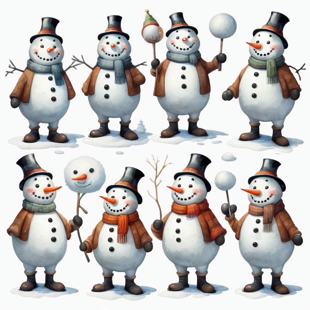 Snowman, different angles and expressions, full body only character sheets, multiple poses, white background, whimsical watercolor
