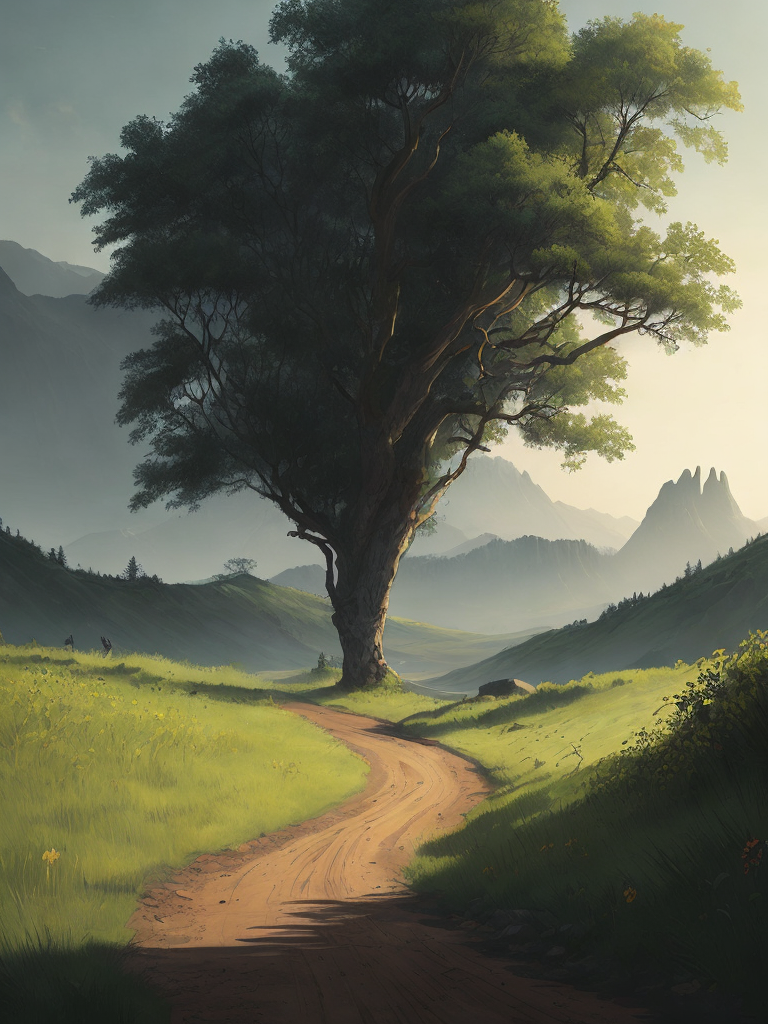 a beautiful fantasy landscape with a dirt road going through a green countryside, digital painting by Noah Bradley