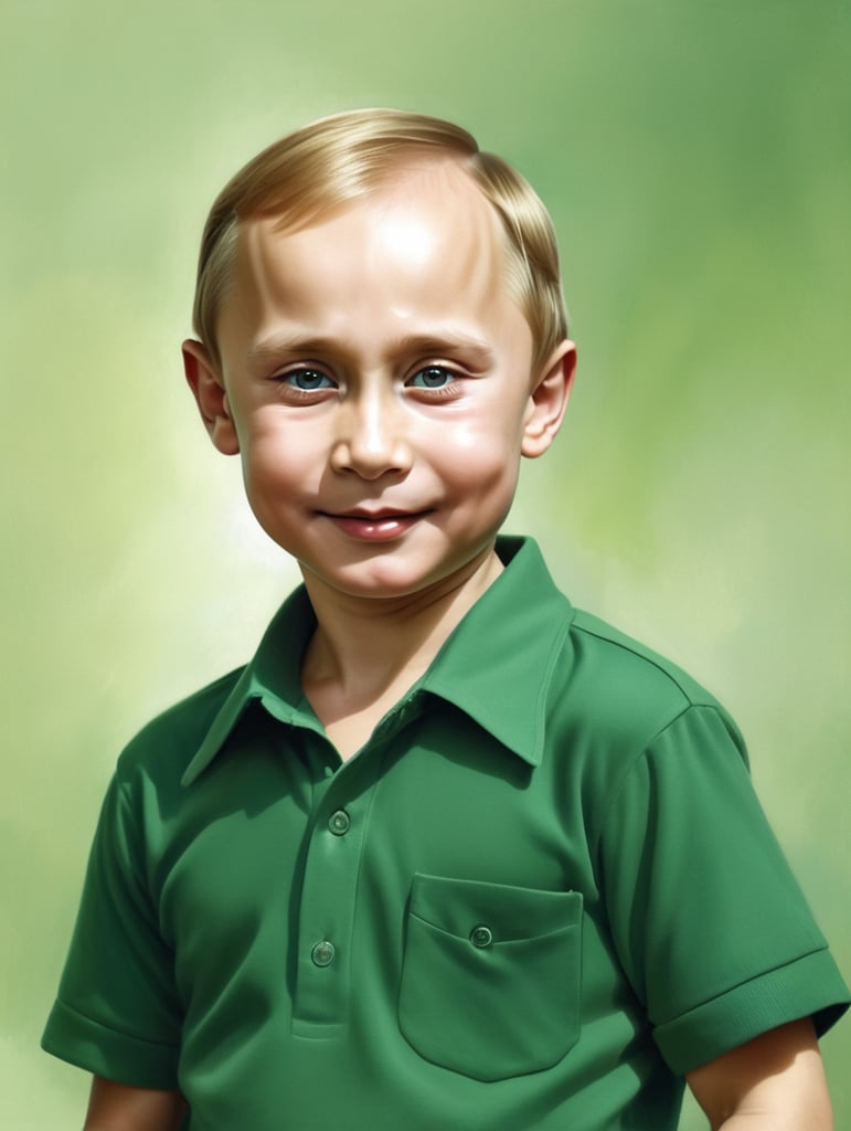 portrait of Vladimir Putin as a kid, happy with green shirt