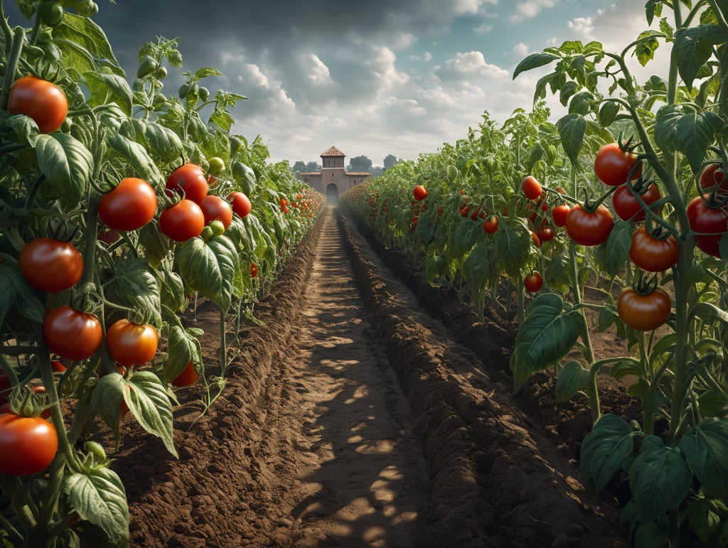 Campo de plantas de tomates con vereda de tierra en el centro. Segundo plano nítido