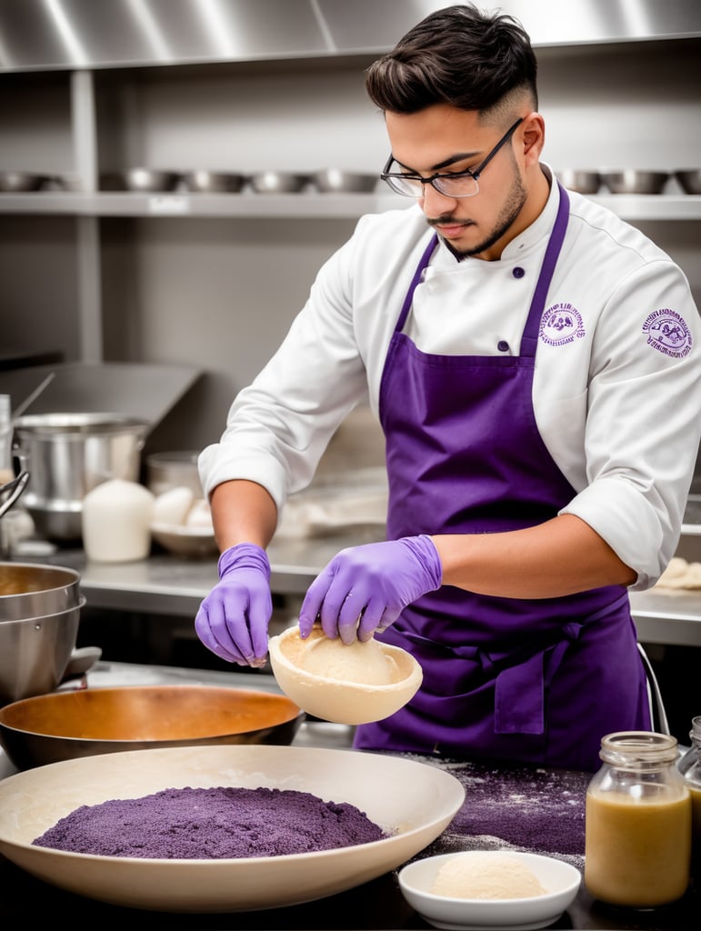 Estudiante de gastronomía amasando en un laboratorio de gastronomía viendo al frente con delantal morado