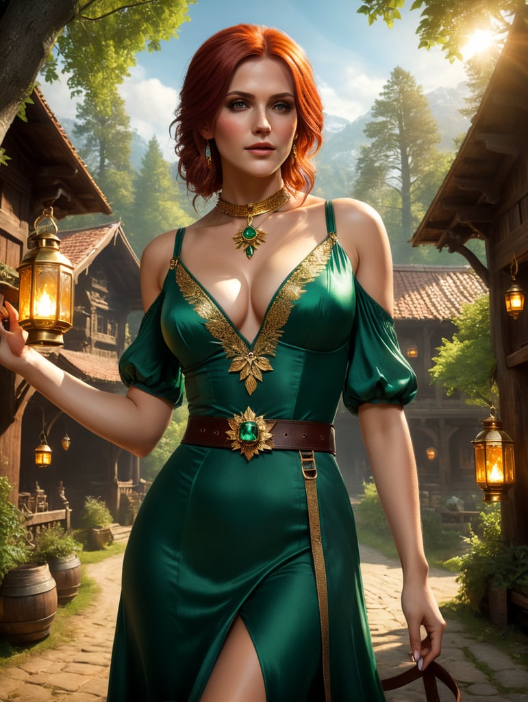 triss merigold from the Witcher 3, alternative look, beautiful lighting realistic, serene, sunny, fullbodypose, outside a stunning old tavern with lanterns and wooden architecture, trees framing the scene, casting a fire spell in her palm hand, hazy, in a beautiful low cut plunging neckline emerald shiny green dress with gold nature inspired shiny embroidery, brown and gold belt buckle, gold choker style leaf necklace,