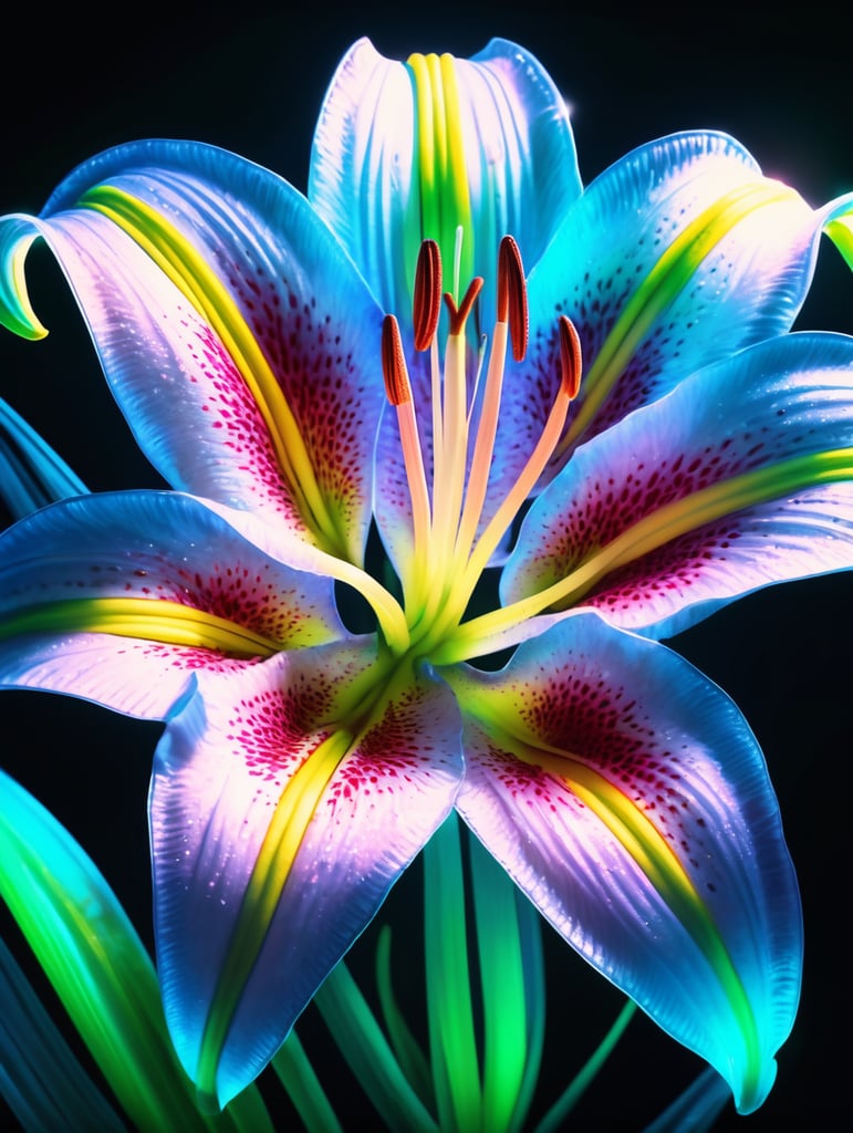 bioluminescent flower Lily, hyper detailed rendering, 4k, magic light, neon watercolours