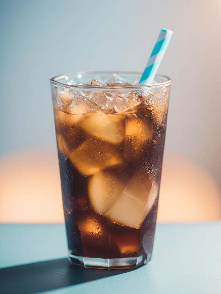 Glass with cold brew coffee and ice and a straw, pink-blue background, sharp on details