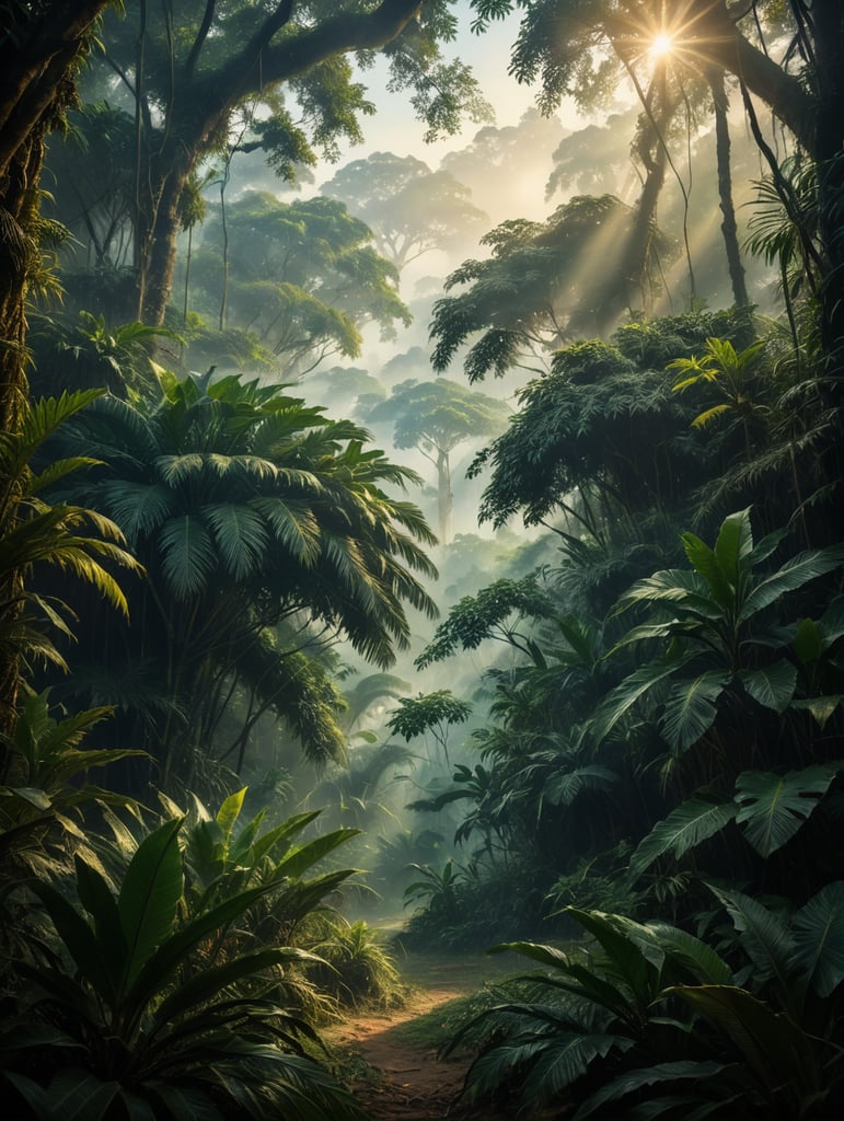 (((digital painting style))) Jungle with misty atmosphere, conceptual ilustration, golden hour, digital painting effect, Dusan Markovic style, masterpiece, utra quality, extreme details