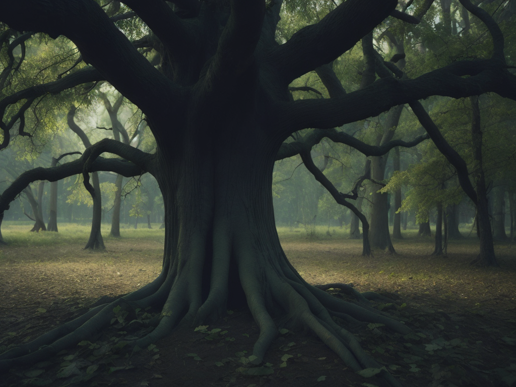 A single century-old tree in a dark forest illuminated by moonlight streaming through its leaves with exposed roots, viewed from a more open plan in an atmospheric atmosphere.