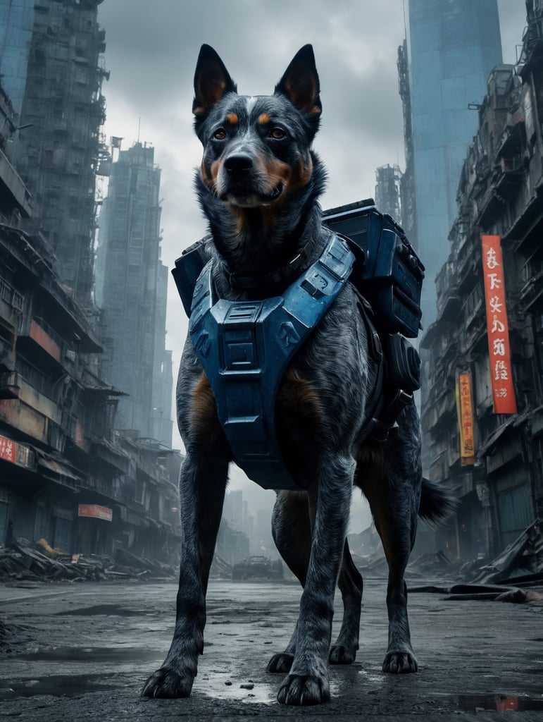 A futuristic blue heeler warrior, in a post apocalyptic cityscape in tokyo