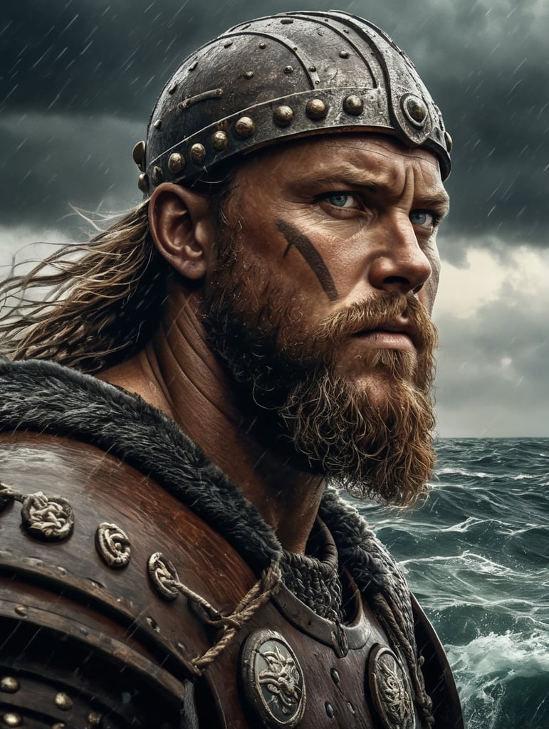 A portrait of viking warrior at the boat in the ocean, stormy weather