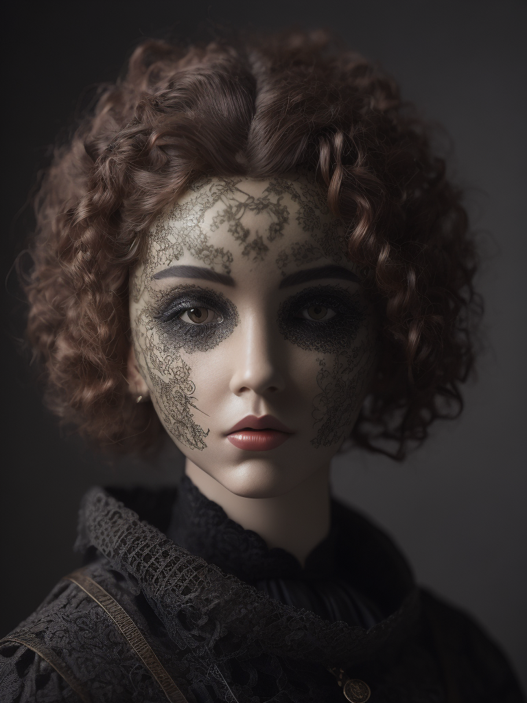 Quay Brothers style, Victorian porcelain doll's head, hair made of black mamba snakes, intricate black lace, muted colors, gothic horror, highly detailed