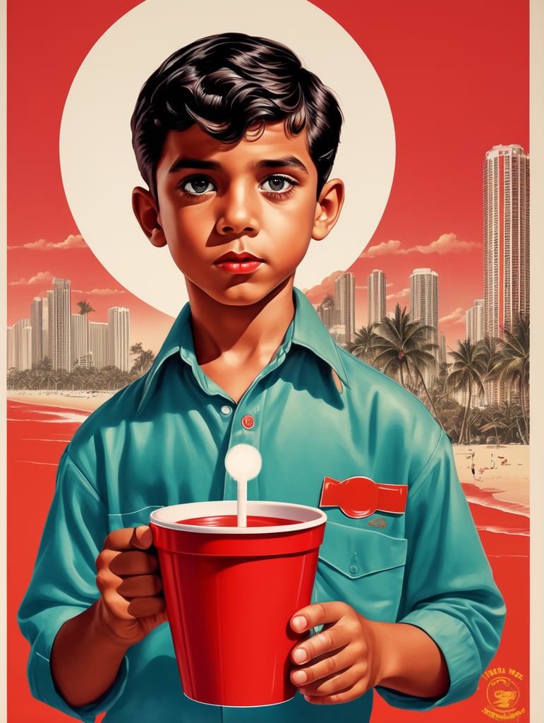 Miami young boy holding a red cup eye-catching poster-style drawing and illustration representing the iconic pulp style.