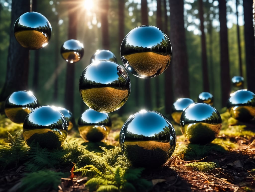 chrome round balls flying in the forest, no blur, sharp focus, cinematic lighting, epic scene