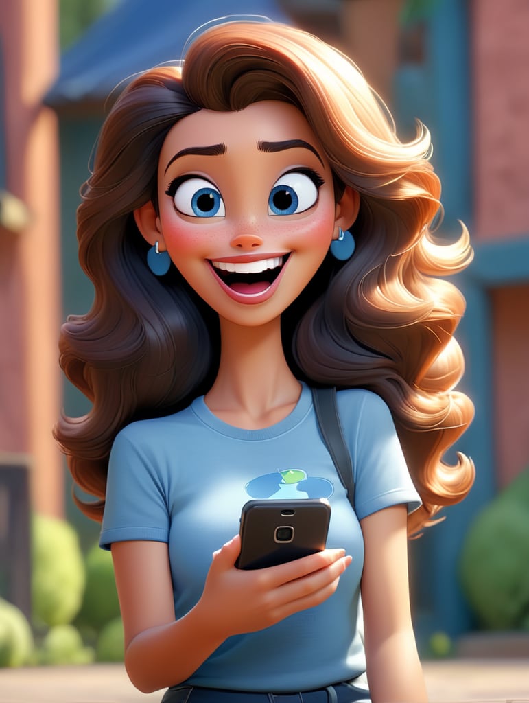 linda mulher jogando no celular e feliz de frente para camera com camiseta azul