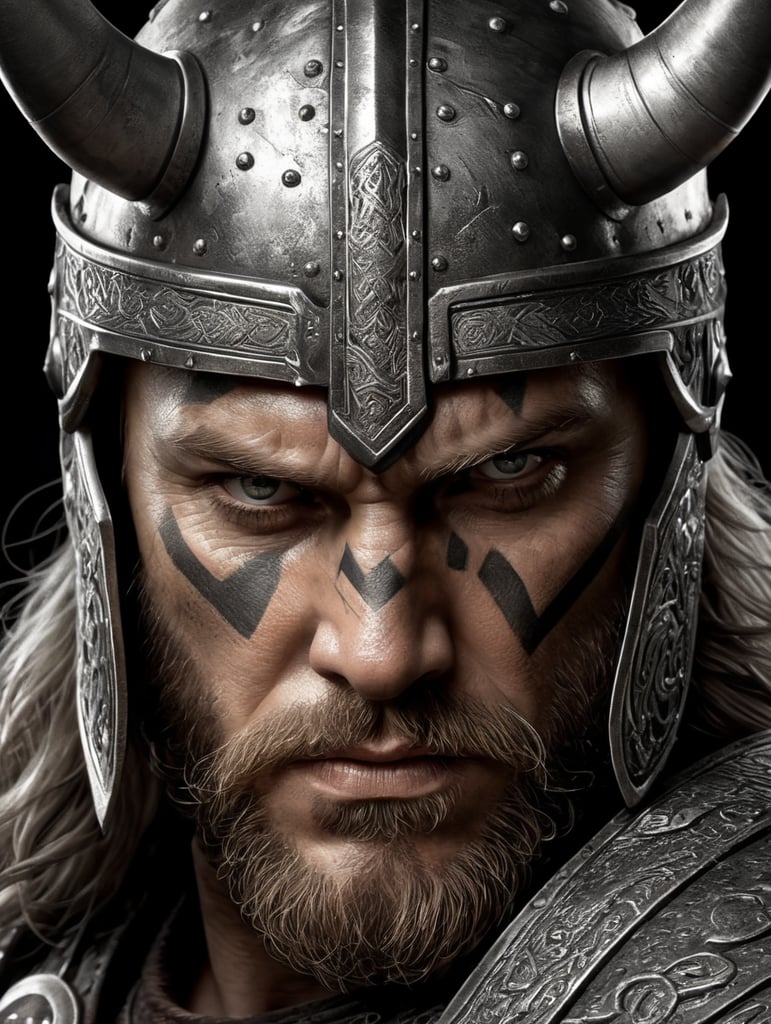 a [viking warrior] face in a black background, in the style of hyper realistic illustrations, light white and dark silver, contrasting lights and darks, noir comic art, monochrome painting, intense gaze --ar 3:2