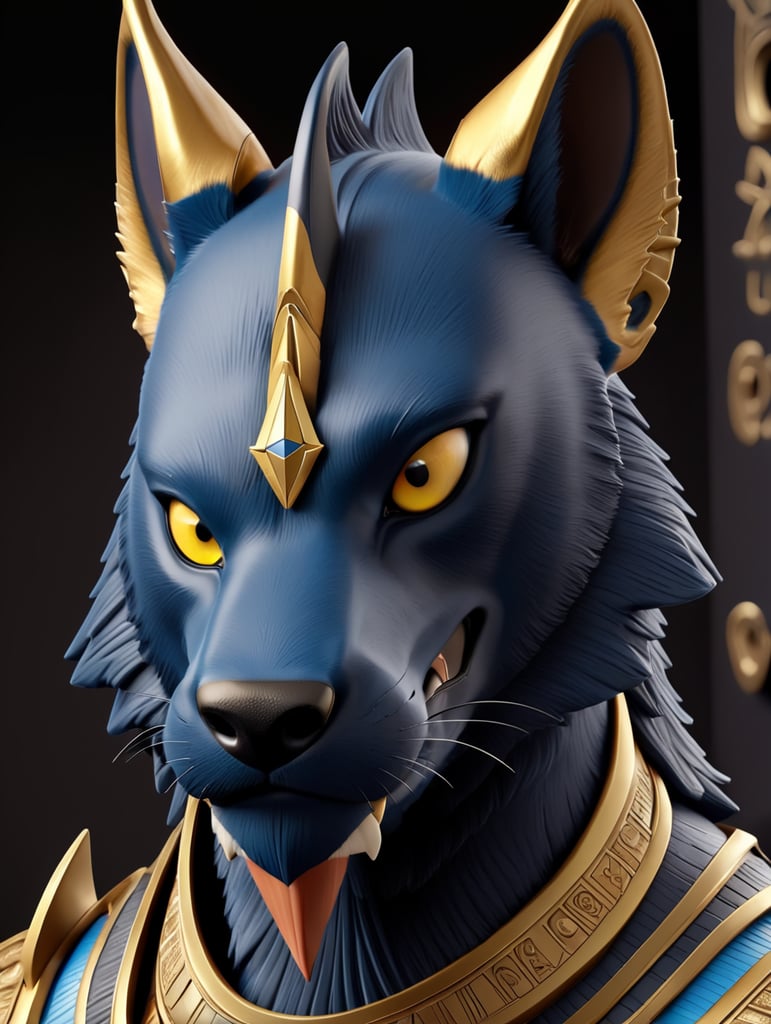 Egyptian god Anubis, portrait, hyper-realistic, dark style, focus on face, sharp on details, black background