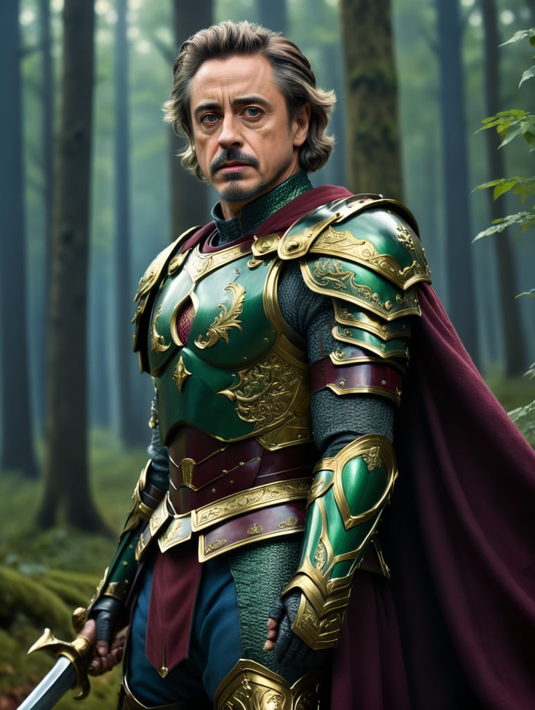 30 years robert downey jr in green-gold medieval armor, gray short hair whit only mustache against the backdrop of a forest in blue-burgundy tones, blurred background, focus on the men, detailed armor, Dramatic Lighting, Depth of field, Incredibly high detailed