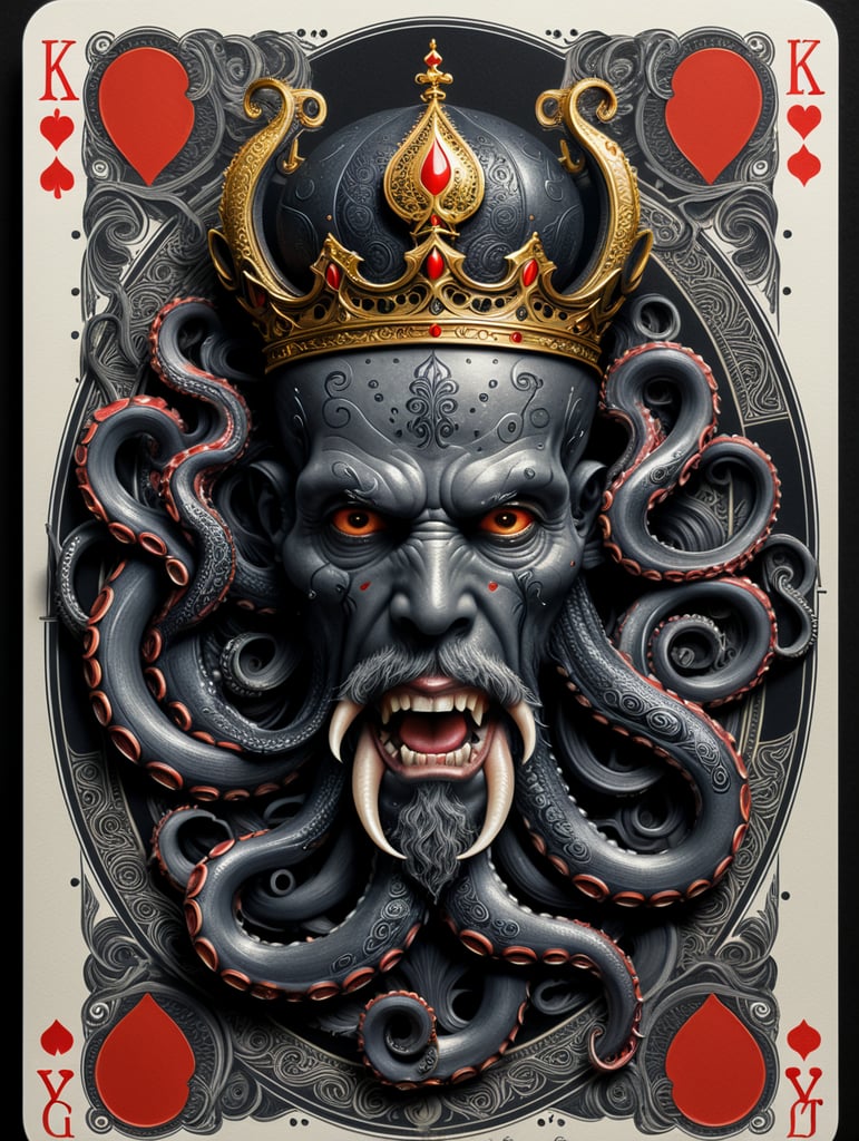 king octopus of clubs playing card, face card, linocut art style, black ink, ultra realism, simple lines, vector