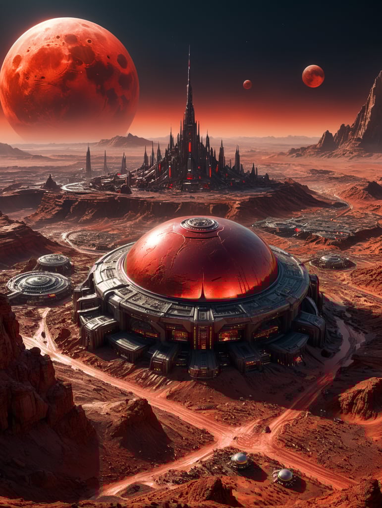 glass alien city on planet Mars, setting red moon, terminator movie style
