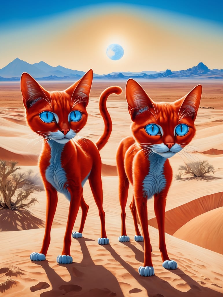 Red cats with big blue eyes in a desert. Painted in the style of Salvador Dali. Very hot and sunny rays with blue sky. Very long and thin legs