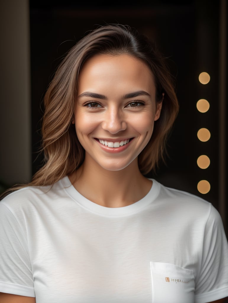 realistic portrait photography of a woman in white t shirt smiling into the camera