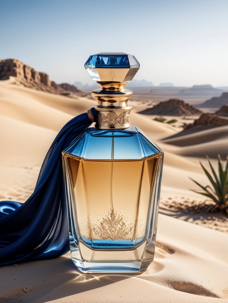 professional photography of a luxury perfume bottle in the desert, Blue satin scarf in the background, no label, clear, mockup