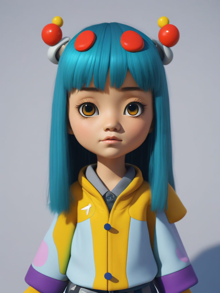 Cute 3d character, korean fashion, colorful hair, blender render, y2k, art toy, creative