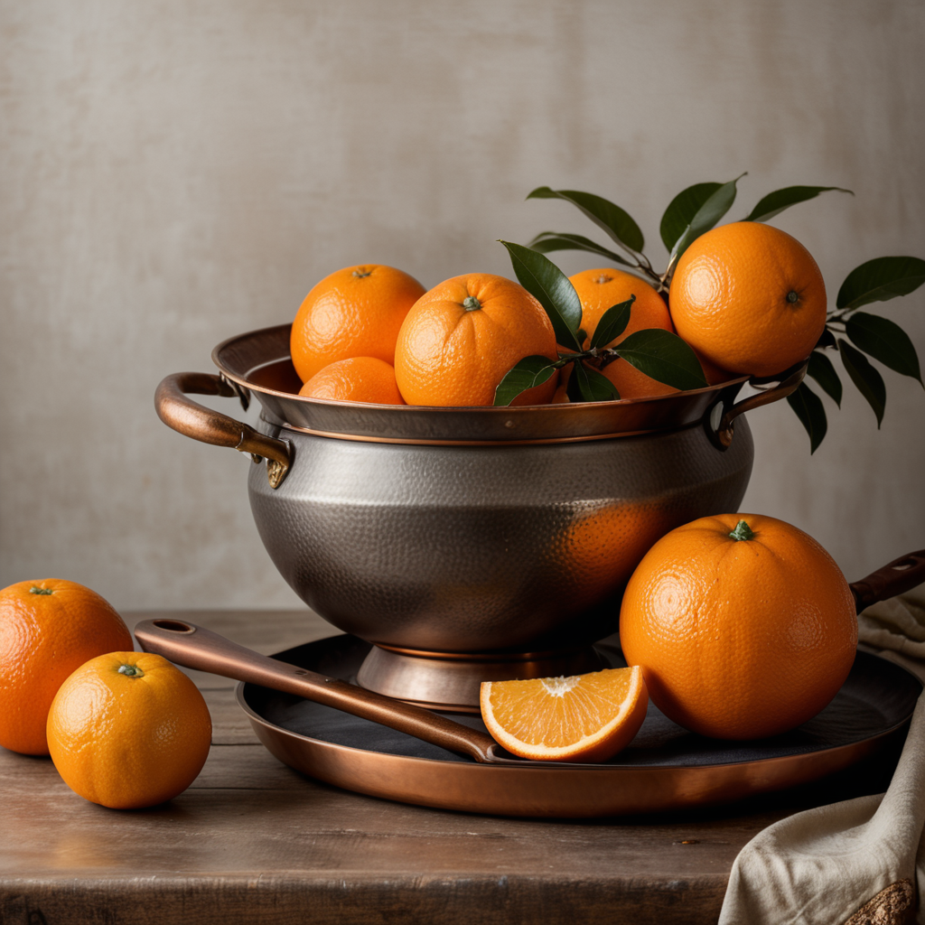 Create a still life with oranges and a copper pan, with fabric, in the style of Dutch artists