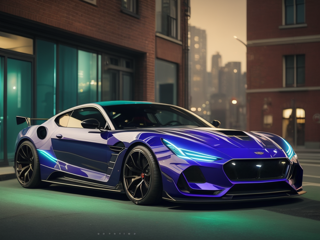 "Blue, green, and purple glowing sports car in the style of 64k UHD. Featuring intricate pattern designs, a cute and dreamy aesthetic, city background, and captivating details with an intense level of ultra-detailed precision."