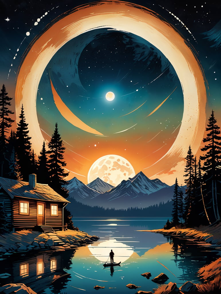 A vintage-style movie poster for "Chasing Shadows," featuring a night sky filled with stars as the backdrop. In the foreground, there's a serene moonlit lake, reflecting the starry night. On the lake's edge, there's an old cabin, warmly illuminated from within. The focal point of the poster is a celestial phenomenon—a bright, fiery comet, meteor, or fireball streaking across the sky, capturing the moment of impact. Around the cabin and near the lake's edge, there are shadowy figures, partially obscured and ambiguous, leaving viewers uncertain about their nature—human or otherworldly. The poster has a dark and moody color palette with a vintage sepia tone or desaturated colors. It should have a textured, worn appearance to evoke nostalgia. The title, "Chasing Shadows," is displayed in a classic, vintage-style font reminiscent of 80s horror movies. A mysterious tagline, "They Came from the Stars. Secrets from the Shadows," is placed below the title, adding to the intrigue.
