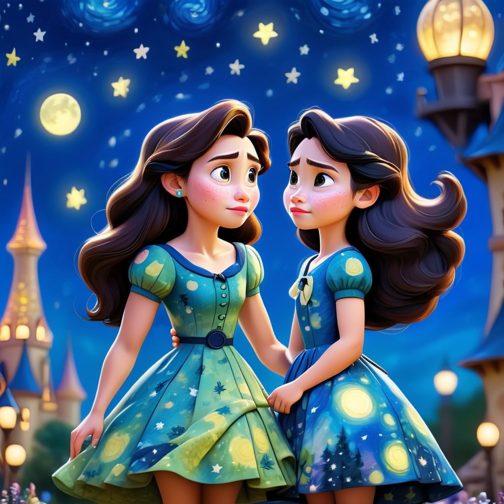 a woman with her daughter, wearing a van gogh print dress under a starry night, Disney Pixar style