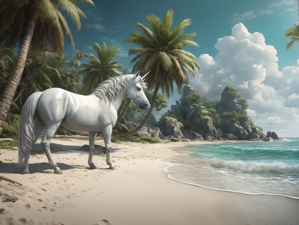 an idealyic white sand tropical beach with turquoise sea and a palm tree with a white unicorn and baby unicorn