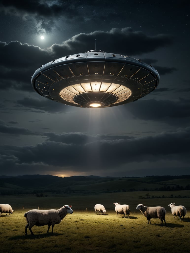 a minimalistic metal UFO kednaping a sheep at dark night in an empty field. mystery style, dark,