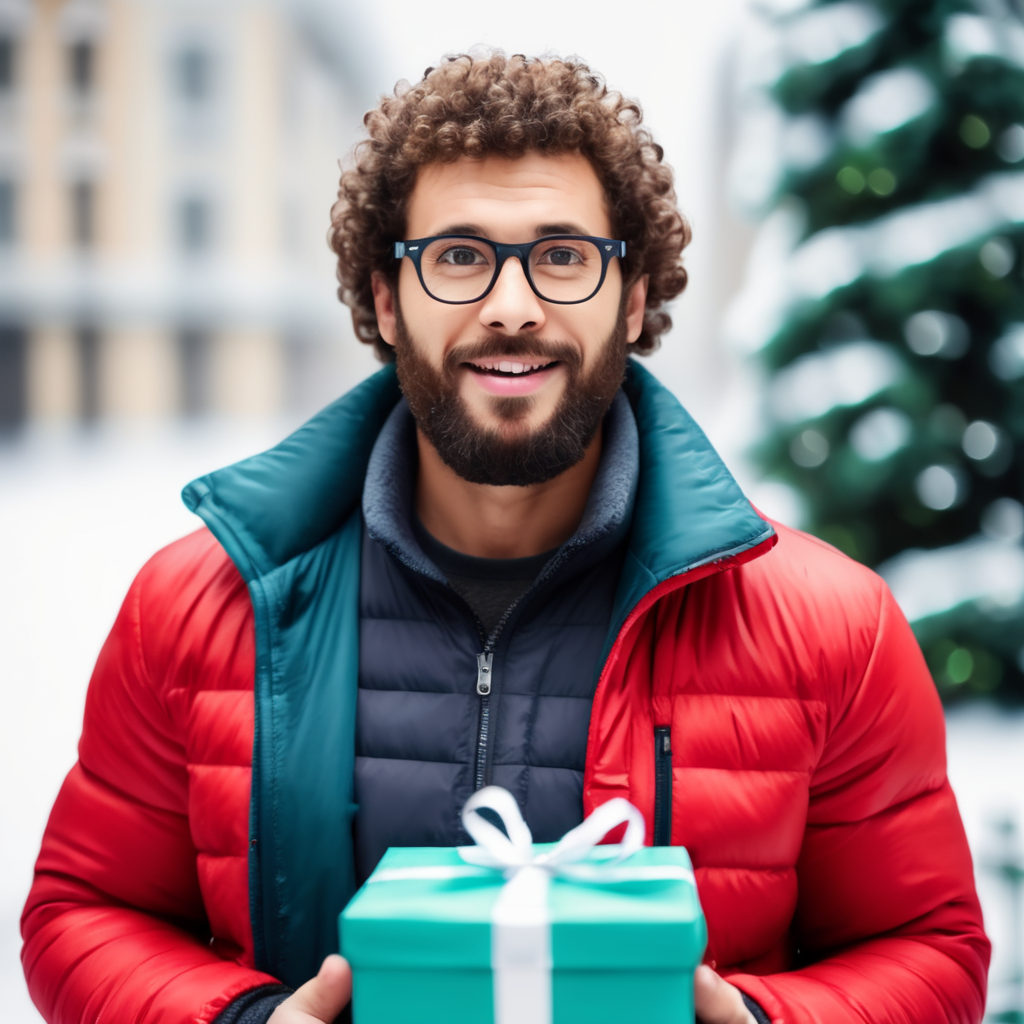 portrait of a bearded curly man wearing red puffer jacket, reeding glasses, stands front camera with gift box his hand, snowy weather, Christmas time, blurry background