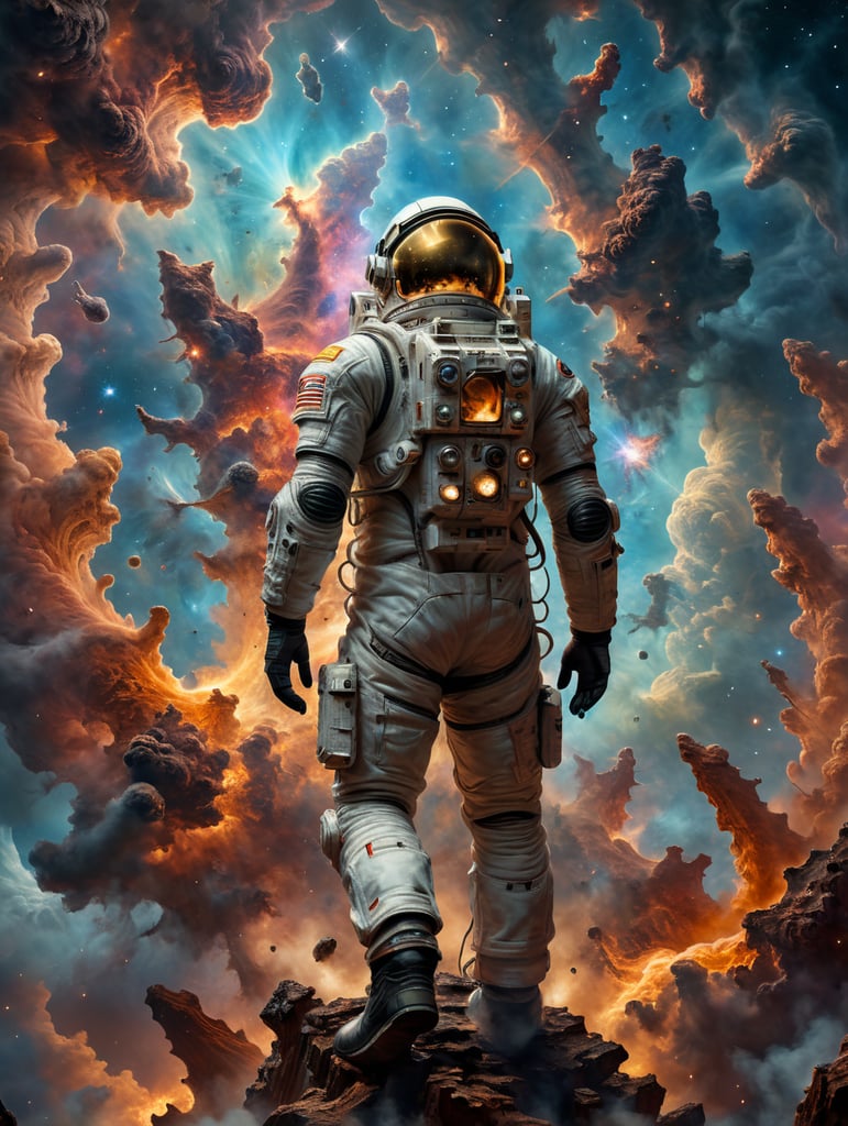 The astronaut's suit glimmers in the reclection of a muclear mushroom explosion cloud as they gaze upon the iconic pillars of creation.