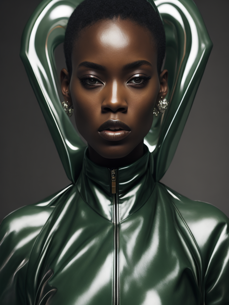 Serious black female model, looking diagonally, dressed in extravagant and vanguardist clothing, plastic and latex materials, abstract shapes, asymmetric techno ornaments, predominant green, 4k, medium shot, cinematic photography, Iris van Herpen style.