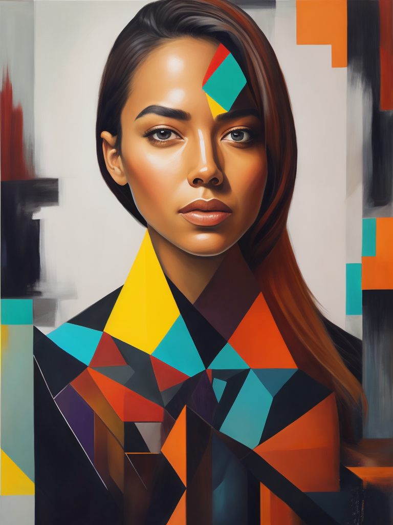 Paint a portrait of a woman that showcases her beauty and artistry through a unique combination of vibrant colors and geometric shapes, capturing her essence and individuality in an imaginative and captivating composition.