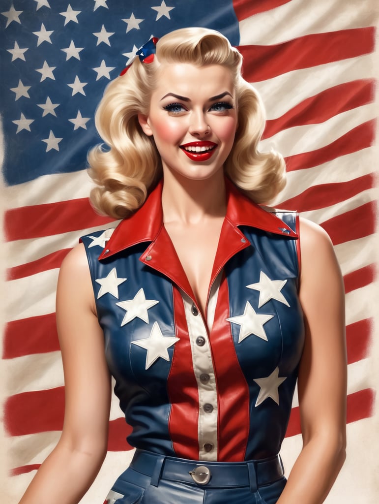 Modernized 1940's pinup girl, blonde hair, red white and blue sleeveless leather shirt with stars, flexing arm powerfully, mad expression on face