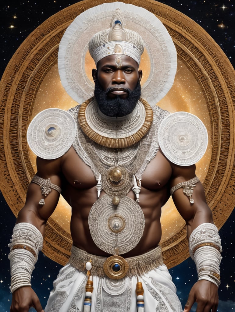 Obatala the african orisha wearing a detailed and intricate ade, cosmic god, astrophotography