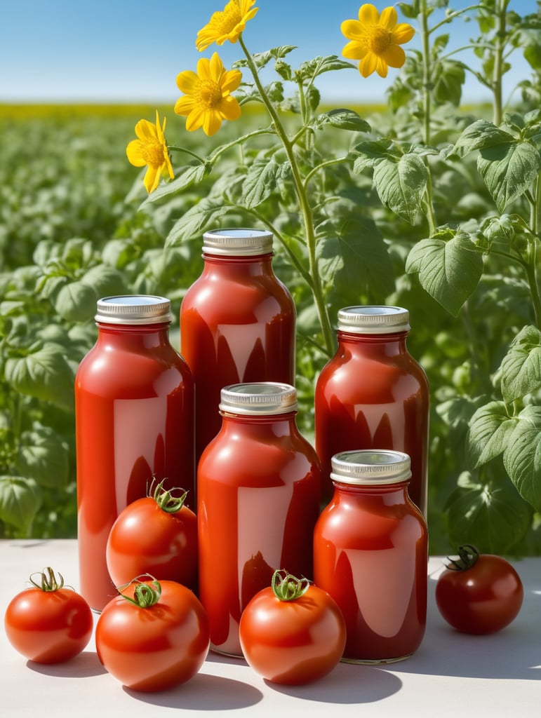 several red tomatoes stacked together forming a ketchup bottle with some leaves around it, beautiful tomato plantation in the background and a blue sky, short grass and yellow flower, creamy light, ambient lighting, beautiful colors