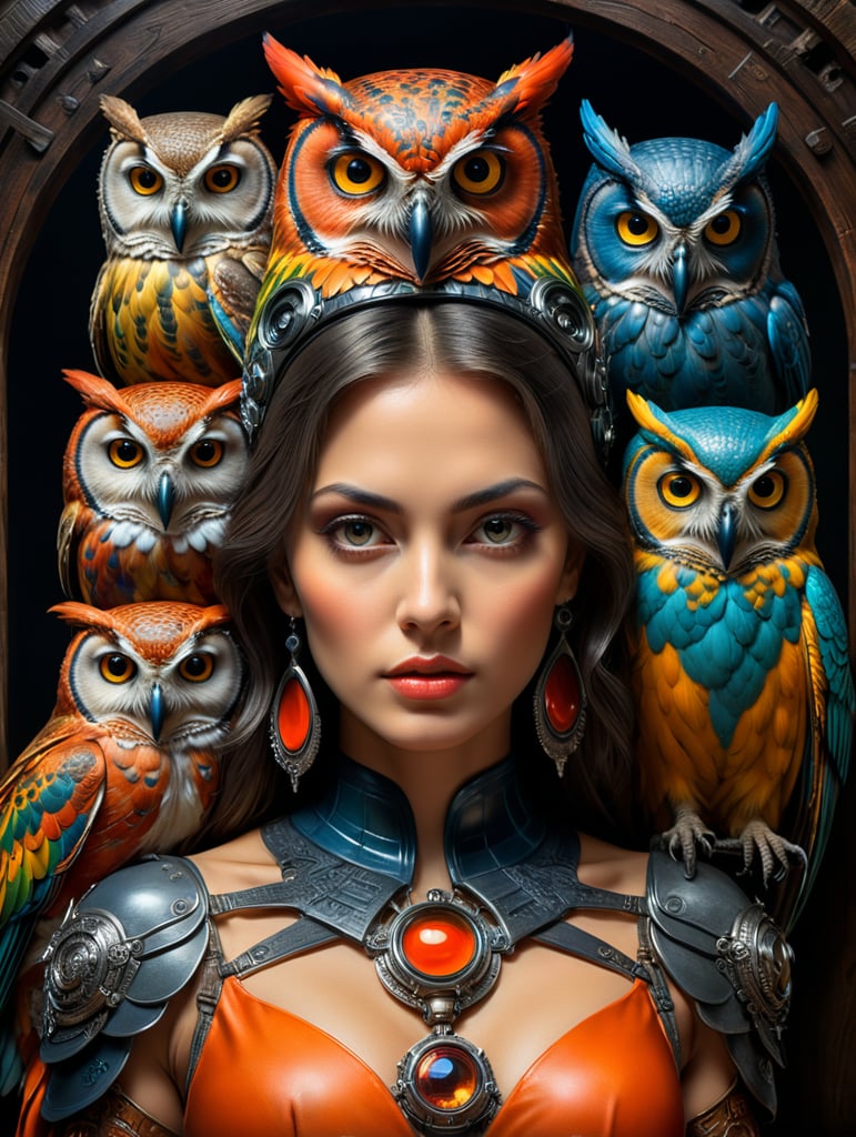 beautiful woman and owl in vivid colors, design by Max Ernst, by H.R. Giger, by Giuseppe Arcimboldo, Hieronymus Bosch, Alphonse Mucha, Pablo Amaringo, psychedelic, intricately detailed, hyperrealism, fantasy