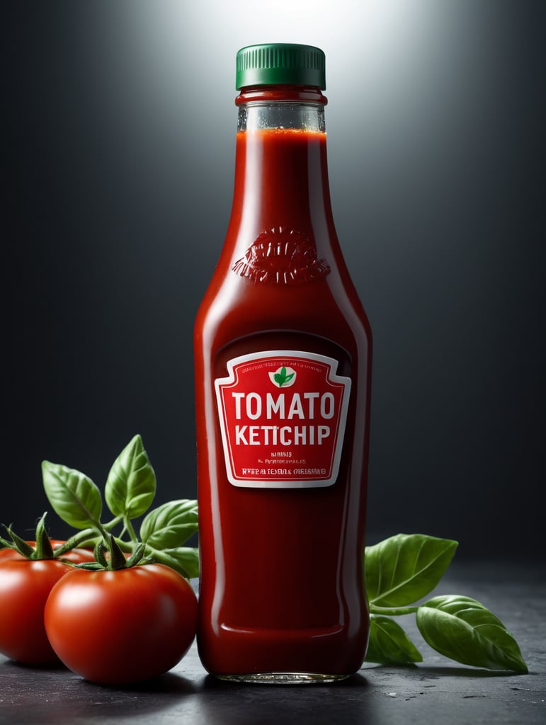 tomato ketchup bottle, red tomato with green leaves, isolated, white background