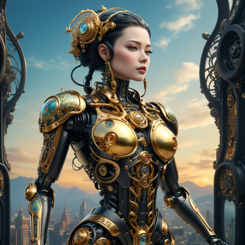 A female robot with an art Nouveau cyberpunk aesthetic, body is made from a delicate mechanical ornamental exterior reminiscent of a delicate gleaming porcelain and gold trimmed filigree should reveal a hollow see through body, hyper-surrealistic detailed 3d rendering digital art style, background galaxy sky