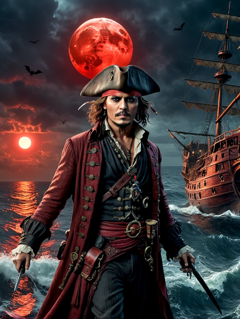 By J.M. Barrie and Gore Verbinski, imagine Johnny Depp as an enchanted pirate navigating through a haunted, ghostly sea under a blood-red moon on Halloween night, eerie, adventurous, Halloween, cinematic photography, action shoot, movement, epic, high definition
