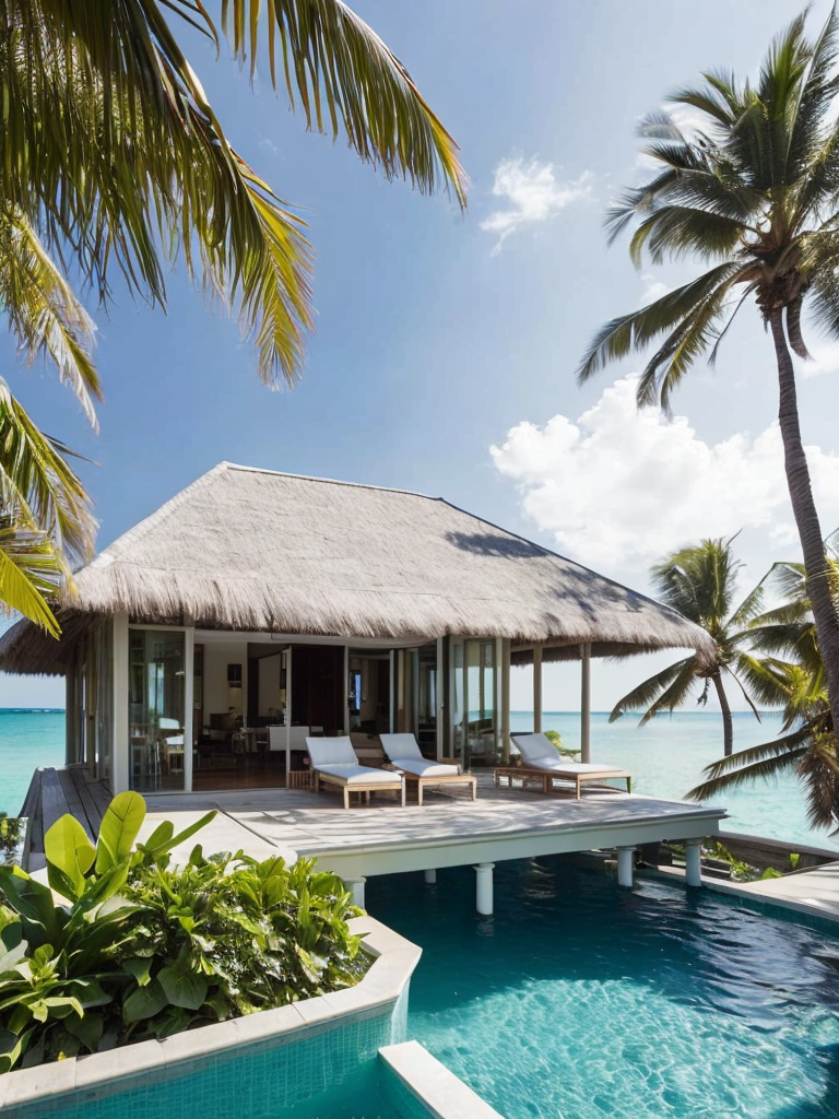 Over water villa in the maledives with the sun shining and some palms